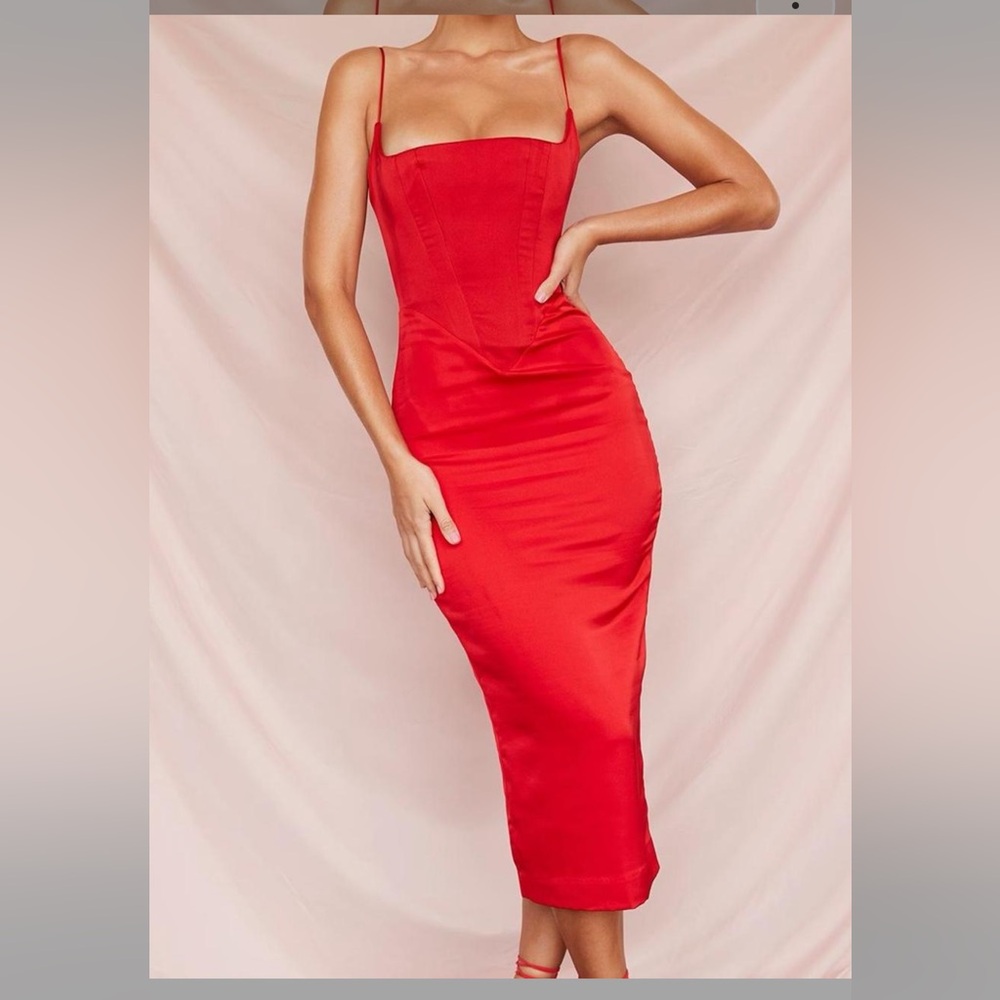 House of CB Anais Red Corseted Midi Dress